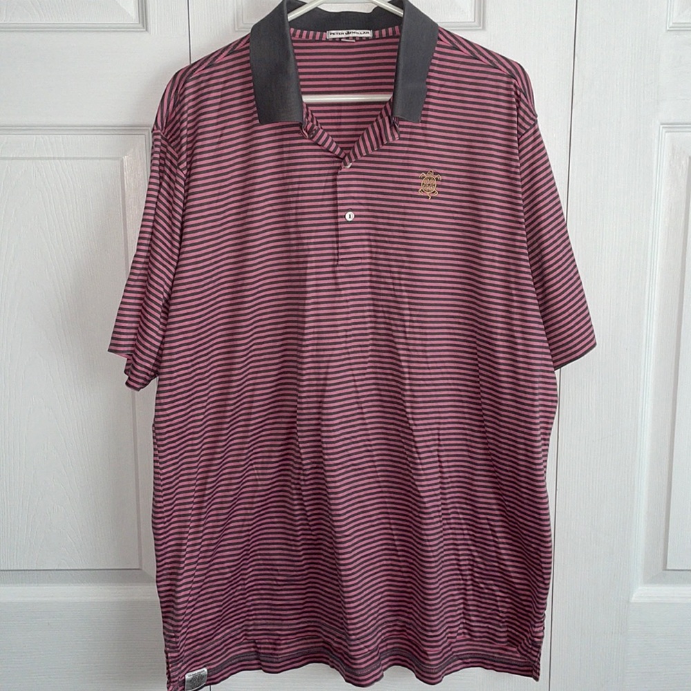 Peter Millar pink gray horizontal striped polo Yellow Sea turtle cotton casual